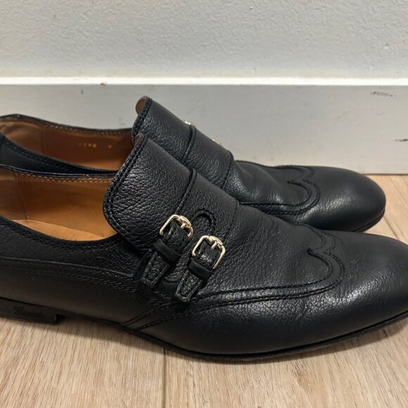 $1200 Gucci Wingtip Double Monk Black Leather Loafers / Shoes - 10 - Picture 6 of 12